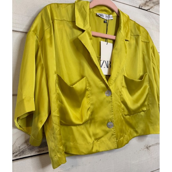 Zara Chartreuse Lime Green Satin Cropped Shirt Short Sleeve Button Up 3666/155 M - Picture 2 of 6